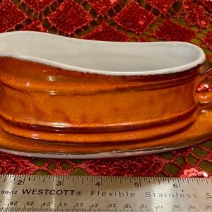 Vintage Estriceram Stoneware Gravy Boat with Saucer - Burnt Orange Pottery